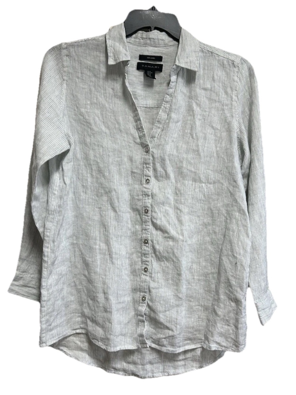 Tahari Shirt Tunic Top Medium Blue White Pinstripe 100% Linen Lagenlook